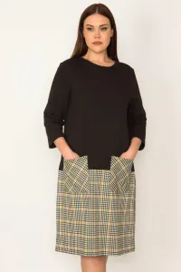 Şans Women's Plus Size Black Skirt Part Plaid Patterned Pocket Dress
