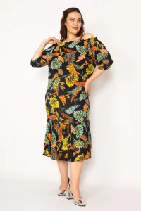 Şans Women's Plus Size Colorful Collar Elasticated Skirt Layered Woven Viscose Fabric Dress