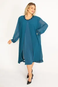 Şans Women's Plus Size Petrol Chiffon Evening Dress with Cape and Lace Detail