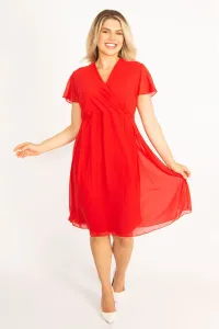 Şans Women's Plus Size Red Chiffon Fabric Wrapped Neck Lined Dress