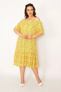 Şans Women's Plus Size Yellow Collar Elasticated Hem with Smocked Woven Viscose Fabric Dress