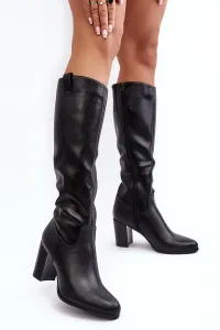 Čierne dámske čižmy pod kolená Sergio Leone z eko kože na blokových podpätkoch - 40