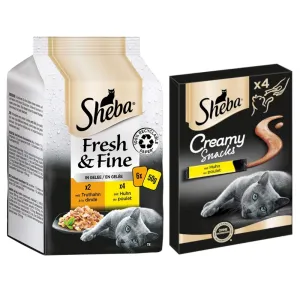 Sheba Fresh & Fine kapsičky 6 x 50 g + Creamy snack 4 x 12g - 15 % zľava - morčacie a kuracie v želé 6 x 50 g + kuracie 4 x 12 g