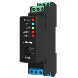 Shelly Pro 2PM, spínací modul 2× 16A na DIN lištu, meranie spotreby, LAN, WiFi, a Bluetooth