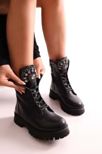 Shoeberry Women's Bodin Black Skin Stony Thick Heeled Boots Boots Black