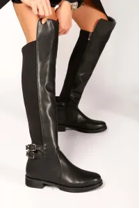 Shoeberry Women's Eliana Black Leather Elastic Boots, Black Leather