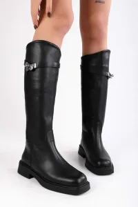 Shoeberry Women's Gaiza Black Thick Sole Buckled Boots