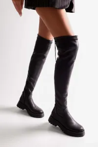 Shoeberry Women's Margot Black Thick Sole Long Stretch Elastic Boots Black Skin