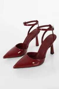Shoeberry Women's Martini Burgundy Patent Leather Belted Ankle Tied Stiletto