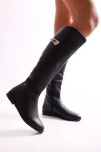 Shoeberry Women's Meroni Black Buckle Boots with Black Skin