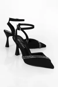 Shoeberry Women's Pedro Black Satin Heeled Shoes Stiletto