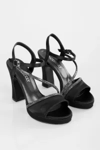 Shoeberry Women's Alaia Black Satin Stone Platform Heel Shoes