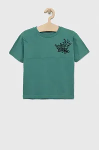Detské bavlnené tričko Sisley zelená farba, s potlačou