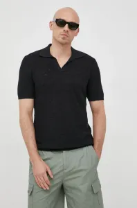 Polo tričko s prímesou ľanu Sisley čierna farba, jednofarebné