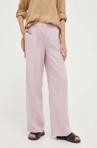 Ľanové nohavice Sisley fialová farba, široké, vysoký pás