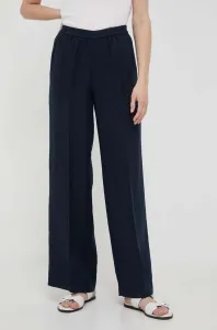 Ľanové nohavice Sisley tmavomodrá farba, široké, vysoký pás