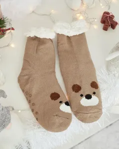 Royalfashion Zateplené béžové dámske ponožky s medvedíkom