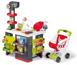 Obchod s vozíkom a potravinami Supermarket Smoby s elektronickou pokladňou a skenerom váhou a 42 doplnkov #2690132