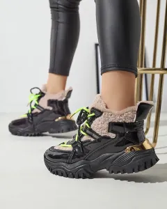Čierna dámska športová obuv s kožušinou a neónovo žltými šnúrkami Adbo- Footwear