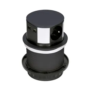 Solight Solight výsuvný blok zásuviek, 3 zásuvky, 2x USB, kruhový tvar nízky, predlžovací prívod 1,5m, 3 x 1mm2, čierny