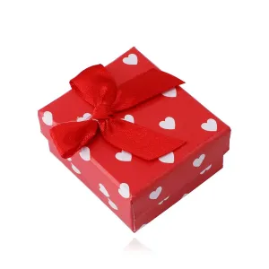 Červená darčeková krabička na náušnice - biele srdiečka, červená mašlička
