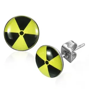 Okrúhle oceľové náušnice - žltočierny nukleárny symbol #4647090