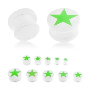 Plug do ucha z akrylu bielej farby, zelená päťcípa hviezda žiariaca v tme, gumička - Hrúbka: 3 mm