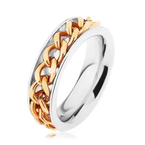 Oceľový prsteň, retiazka zlatej farby, zrkadlový lesk - Veľkosť: 54 mm