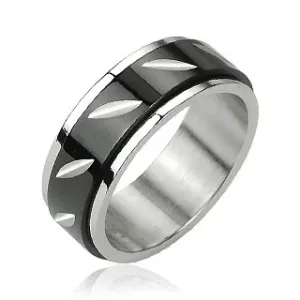 Oceľový prsteň s otáčavým čiernym stredom - zárezy - Veľkosť: 61 mm