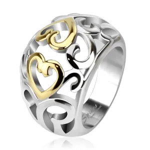 Oceľový prsteň s vyrezávaným ornamentom, zlato-strieborná farba - Veľkosť: 50 mm