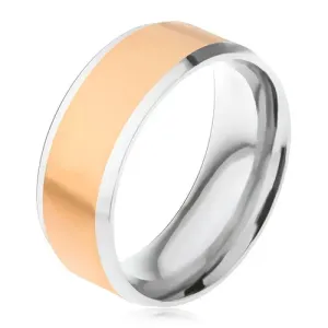 Oceľový prsteň, stredový pás zlatej farby, šikmé okraje striebornej farby - Veľkosť: 57 mm