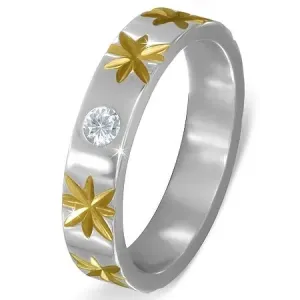Oceľový prsteň striebornej farby s hviezdami zlatej farby a čírym zirkónom - Veľkosť: 69 mm