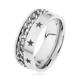 Oceľový prsteň striebornej farby zdobený retiazkou a hviezdičkami - Veľkosť: 70 mm