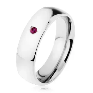 Oceľový prsteň, zrkadlový lesk, fialový zirkón, hladké ramená - Veľkosť: 57 mm