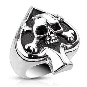 Prsteň z ocele s kartovým symbolom a lebkou - Veľkosť: 69 mm