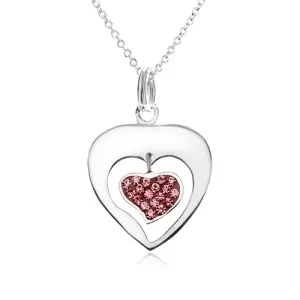 Náhrdelník - retiazka, obrys srdca, srdce, ružové zirkóniky, striebro 925