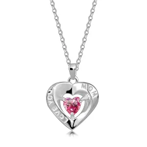 Strieborný 925 náhrdelník - obrys srdca, ružový srdiečkový zirkón, nápis 
