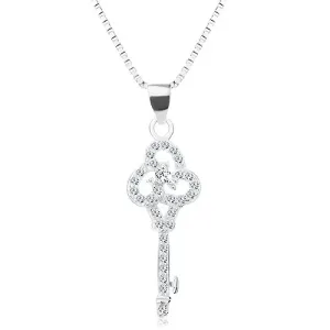 Strieborný 925 náhrdelník, retiazka s príveskom, číry ligotavý kľúčik, zirkóny