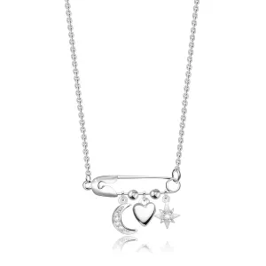 Strieborný 925 náhrdelník - zicherka, polmesiac, hladké srdce, hviezdička, zirkóny