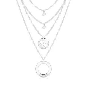 Strieborný náhrdelník 925 - štyri retiazky s príveskami, kruhy a srdiečka, nápisy