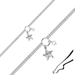 Náramok na členok v striebre 925 - hviezdica, kultivovaná perla, dvojitá retiazka