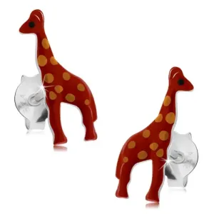 Strieborné náušnice 925, lesklá červená žirafa s oranžovými bodkami, glazúra