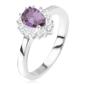 Strieborný prsteň 925 - fialový slzičkový kamienok, zirkónová obruba - Veľkosť: 49 mm