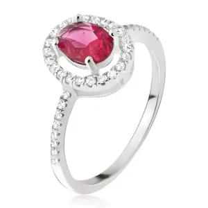 Strieborný prsteň 925 - oválny ružovočervený kamienok, zirkónová obruba - Veľkosť: 49 mm
