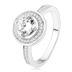Zásnubný strieborný prsteň 925, kruh a ramená zdobené zirkónmi, číry kameň - Veľkosť: 49 mm