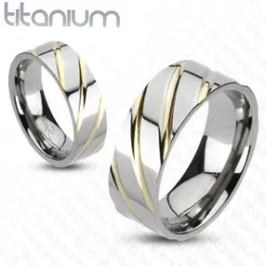 Titánový prsteň striebornej farby - prúžky v zlatej farbe - Veľkosť: 66 mm