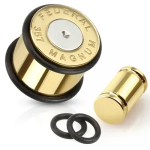Oceľový plug do ucha,  nábojnica zlato-striebornej farby Magnum - Hrúbka: 12 mm