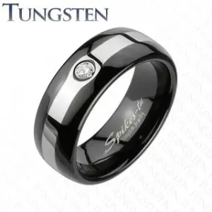 Tungstenový čierny prsteň - pás v striebornej farbe, zirkón - Veľkosť: 68 mm