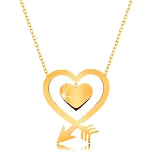 Náhrdelník v žltom 9K zlate - tenká retiazka, kontúra srdca zo šípu, srdiečko