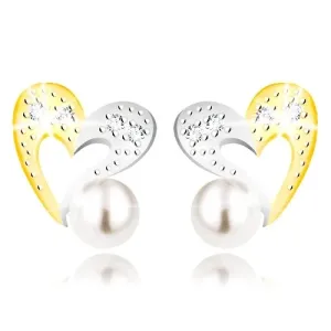 Náušnice z kombinovaného zlata 375 - dvojfarebná kontúra srdca, zirkóny a biela perla